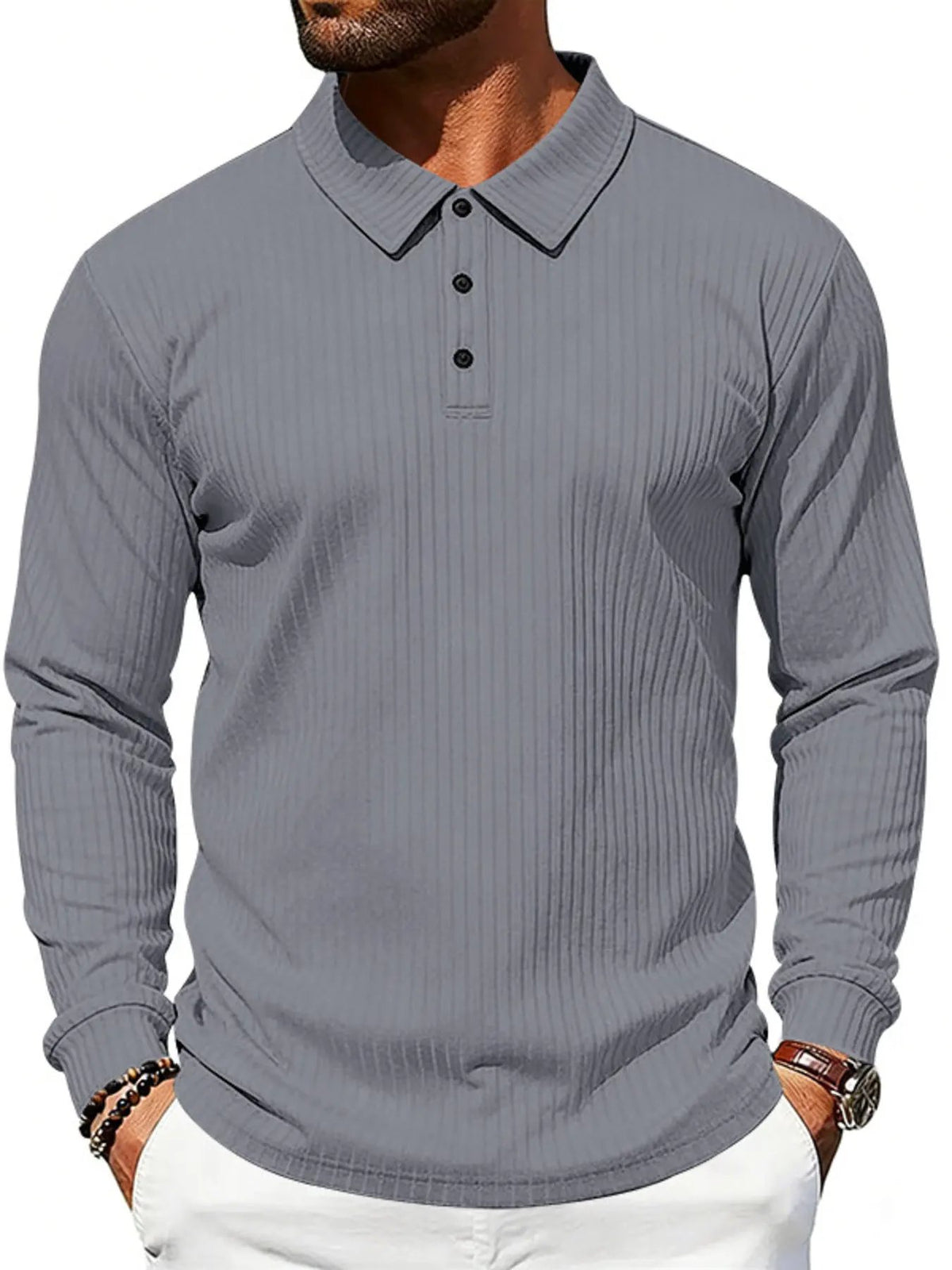 Men's Full Size Ribbed Long Sleeve Polo with Button Detail Plus Size by Trendsi