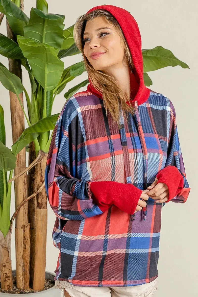 BiBi Plaid Mirr Brushed Rib Contrast Thumb Open Hoodie by BiBi