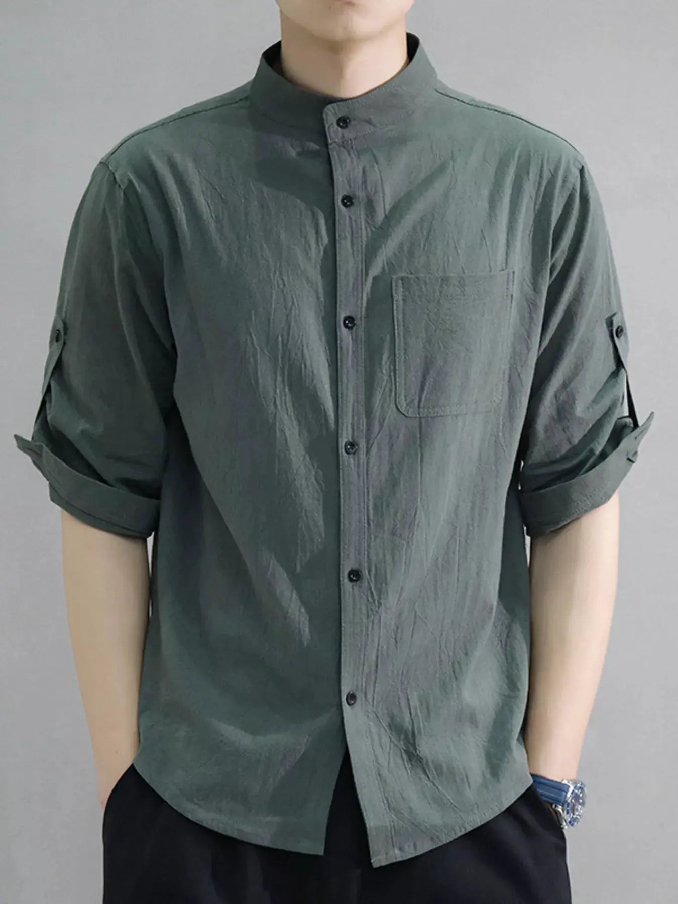 Men's Plus Size Button Up Roll-Up Sleeve Shirt by Trendsi
