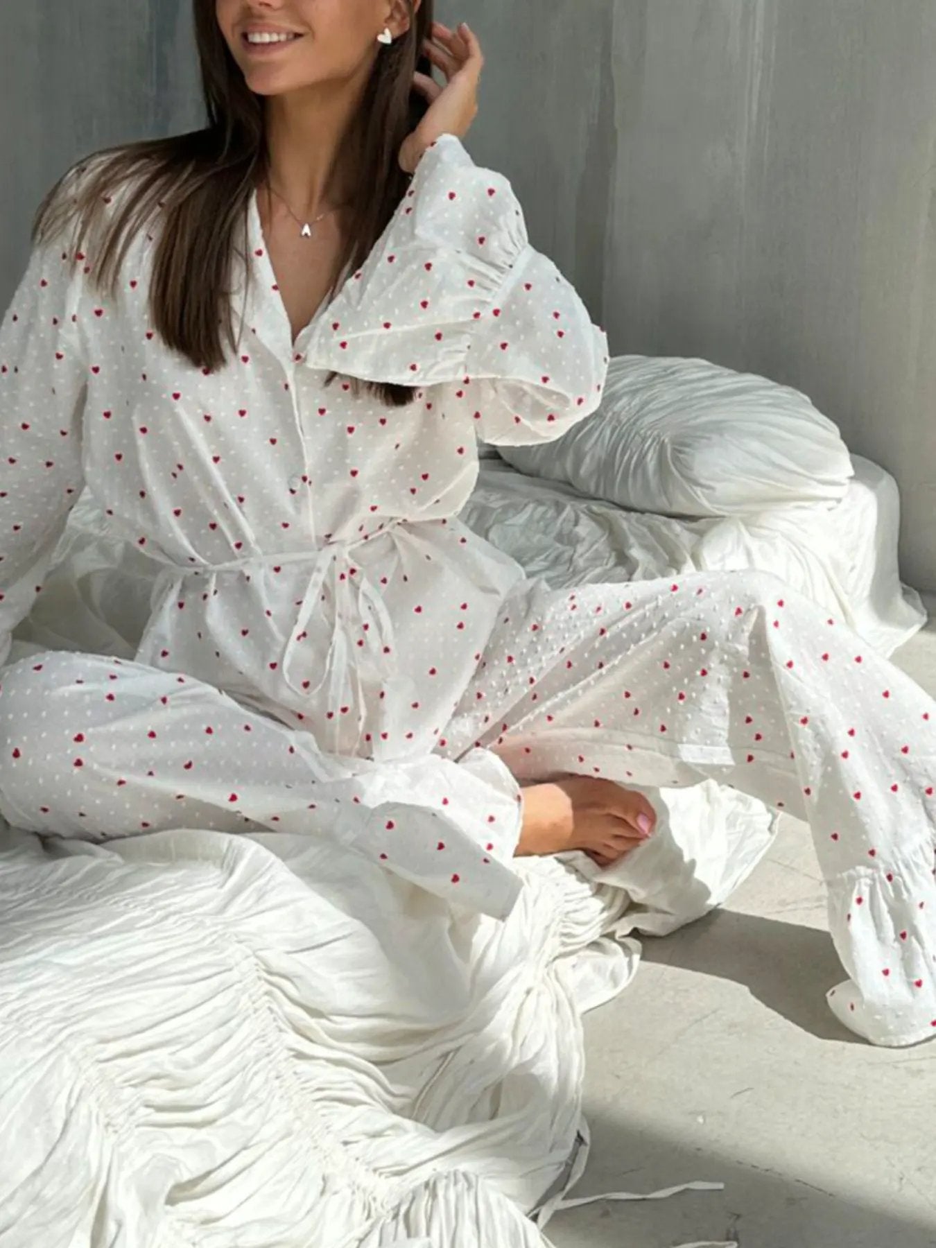 Heart Print Long Sleeve and Pants Lounge Set by Partner Label