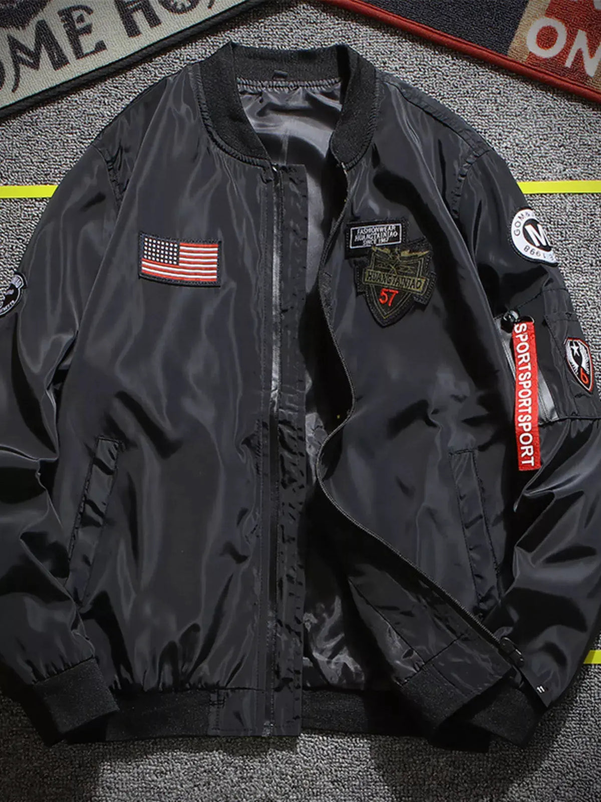Men's Plus Size Military-Inspired Patched Bomber Jacket by Trendsi