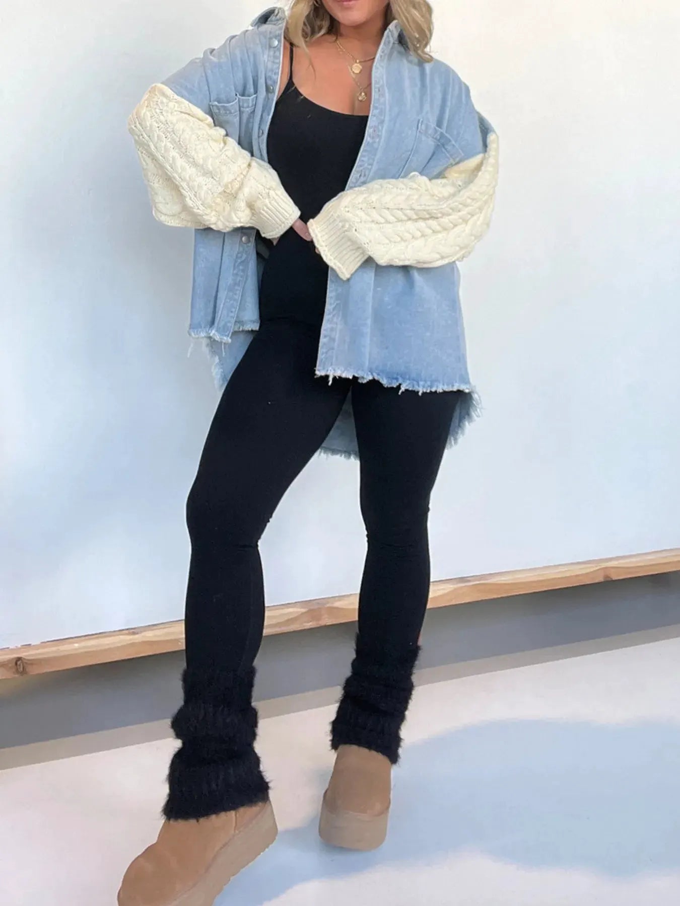 Full Size Raw Hem Button Up Patchwork Denim Jacket Plus Size by Partner Label