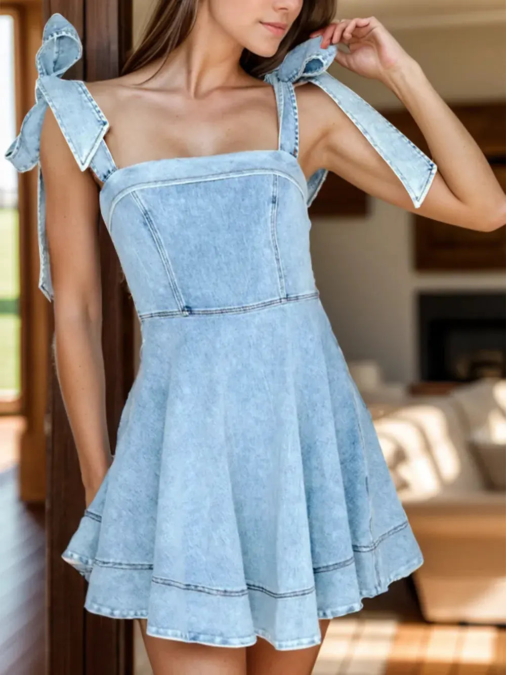 Square Neck Tie Shoulder Denim Dress by Partner Label