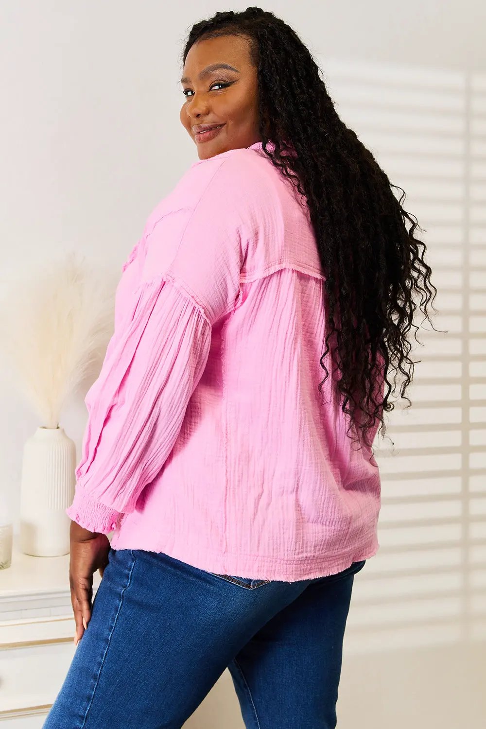 Double Take Exposed Seam Buttoned Notched Neck Blouse by Double Take