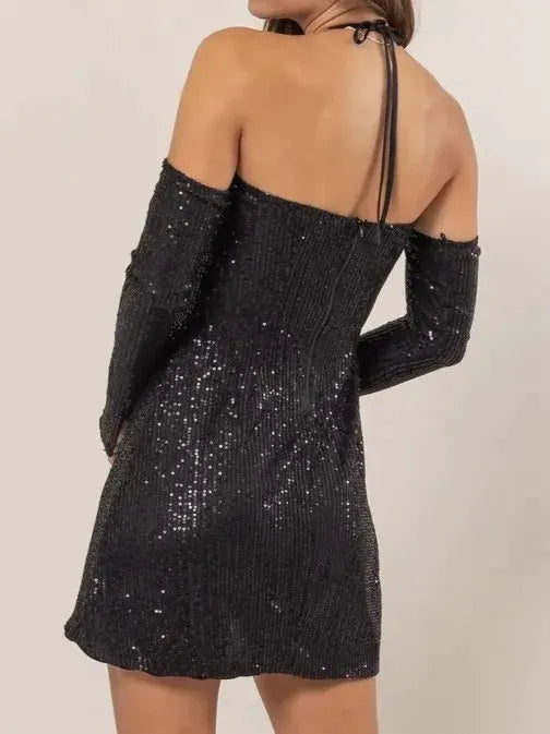 HYFVE Sequin Rosette Halter Mini Dress by HYFVE