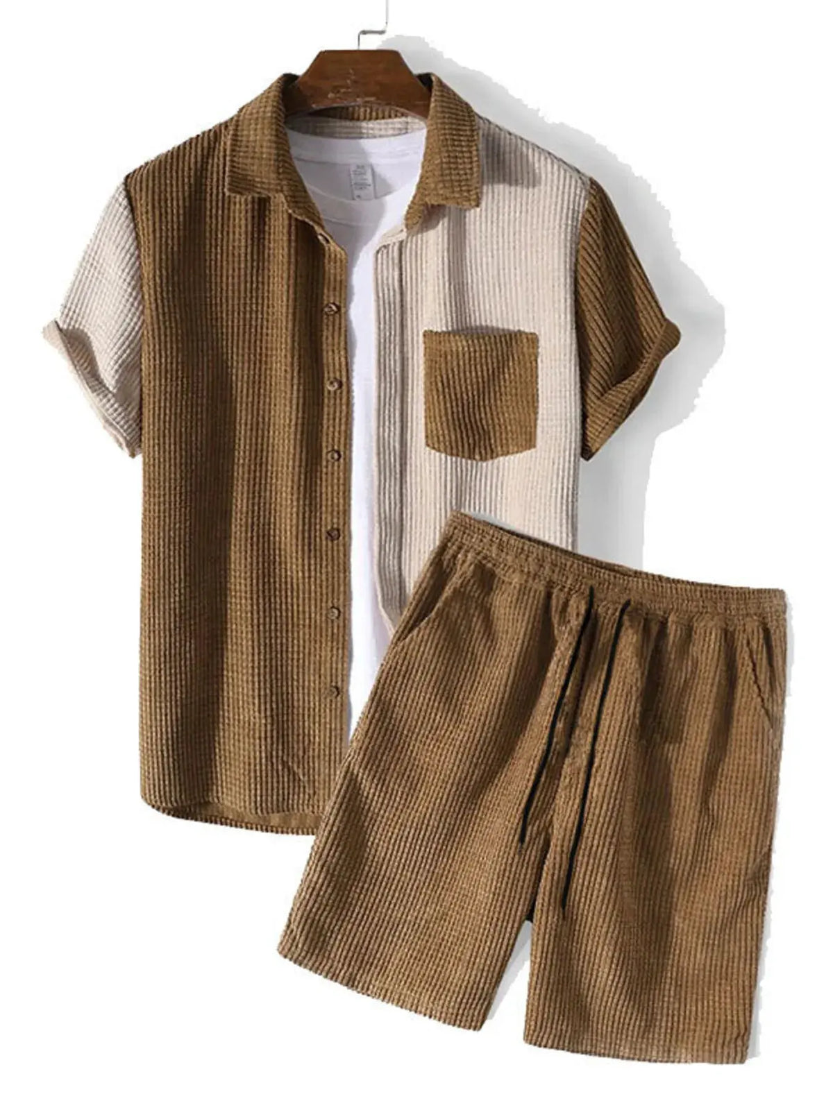 Men's Full Size Contrast Shots Sleeve Shirt and Shorts Set Plus Size by Trendsi