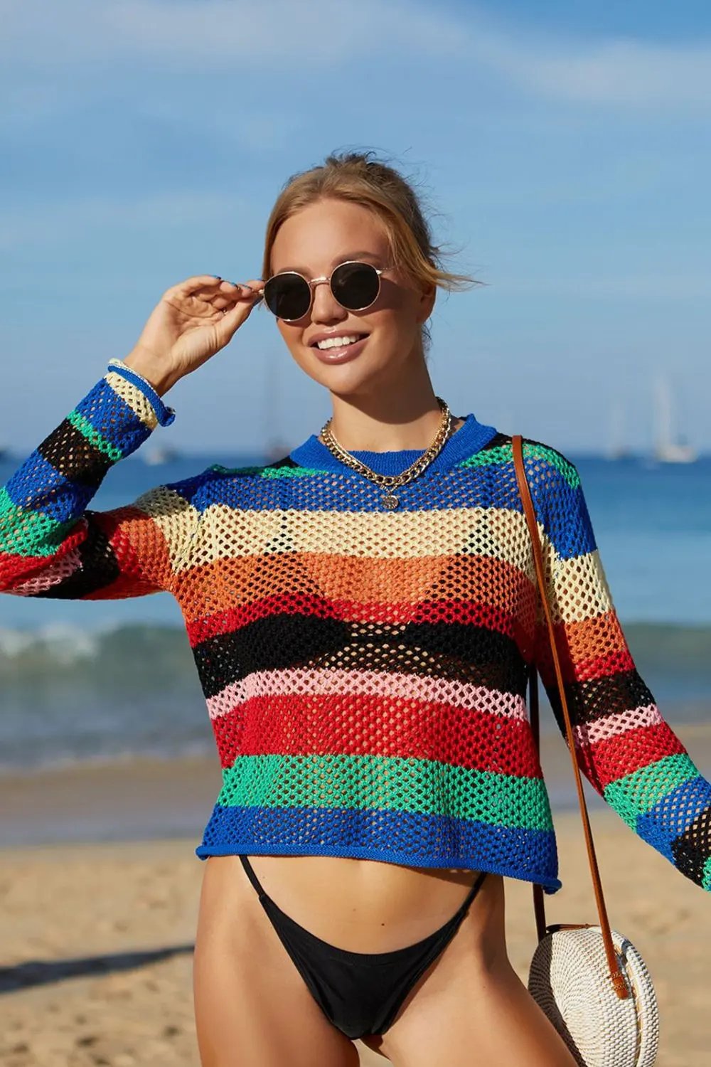 Angel Wings Rainbow Stripe Openwork Long Sleeve Cover-Up by Partner Labels