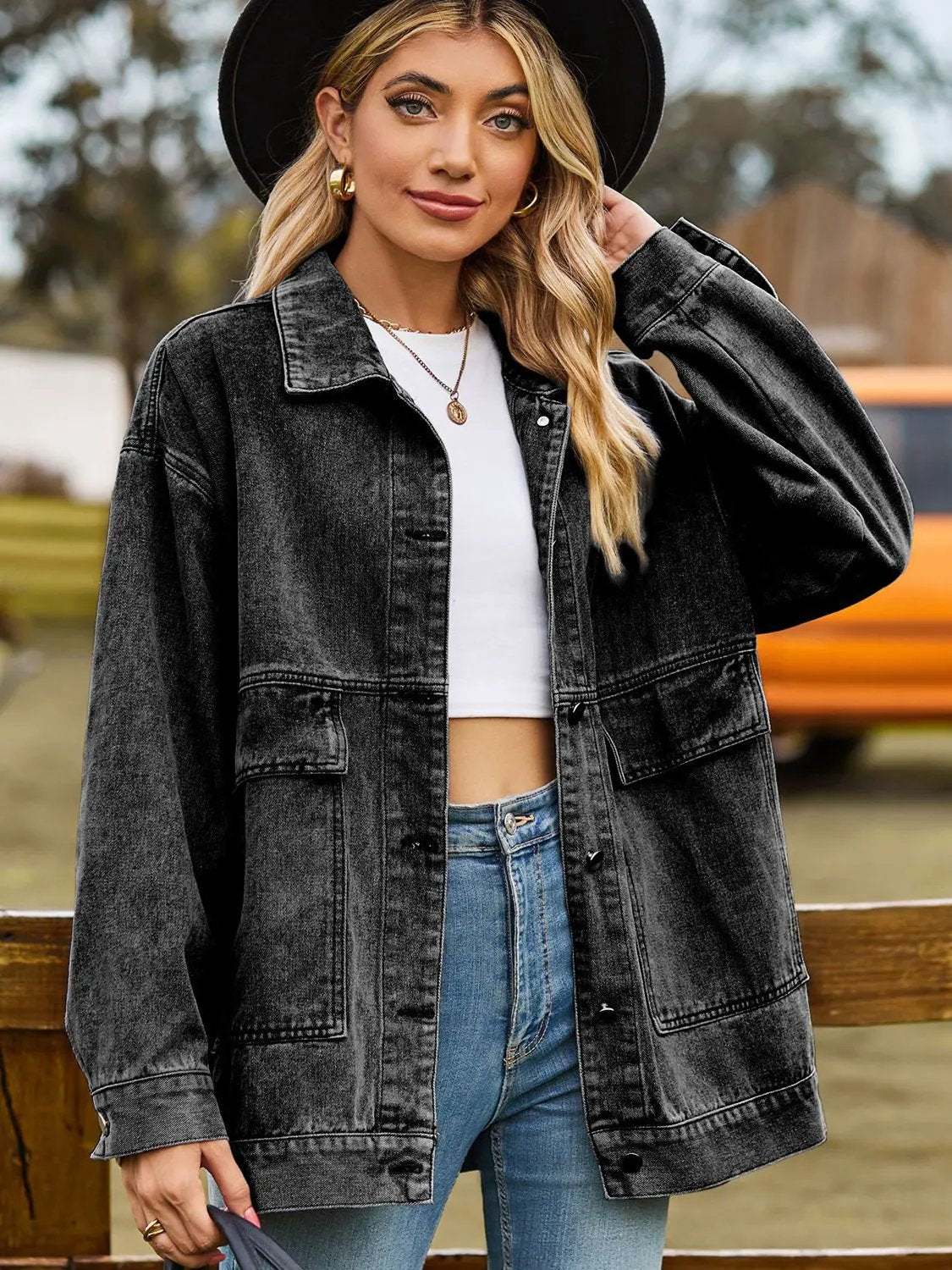Dropped Shoulder Denim Jacket with Pockets by Partner Label