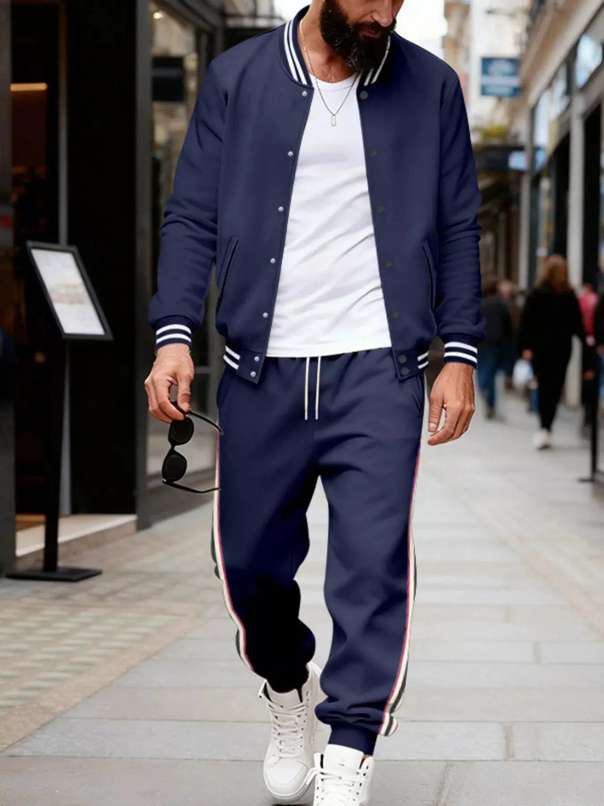 Men's Full Size Striped Snap Down Top and Pants Set Plus Size by Trendsi