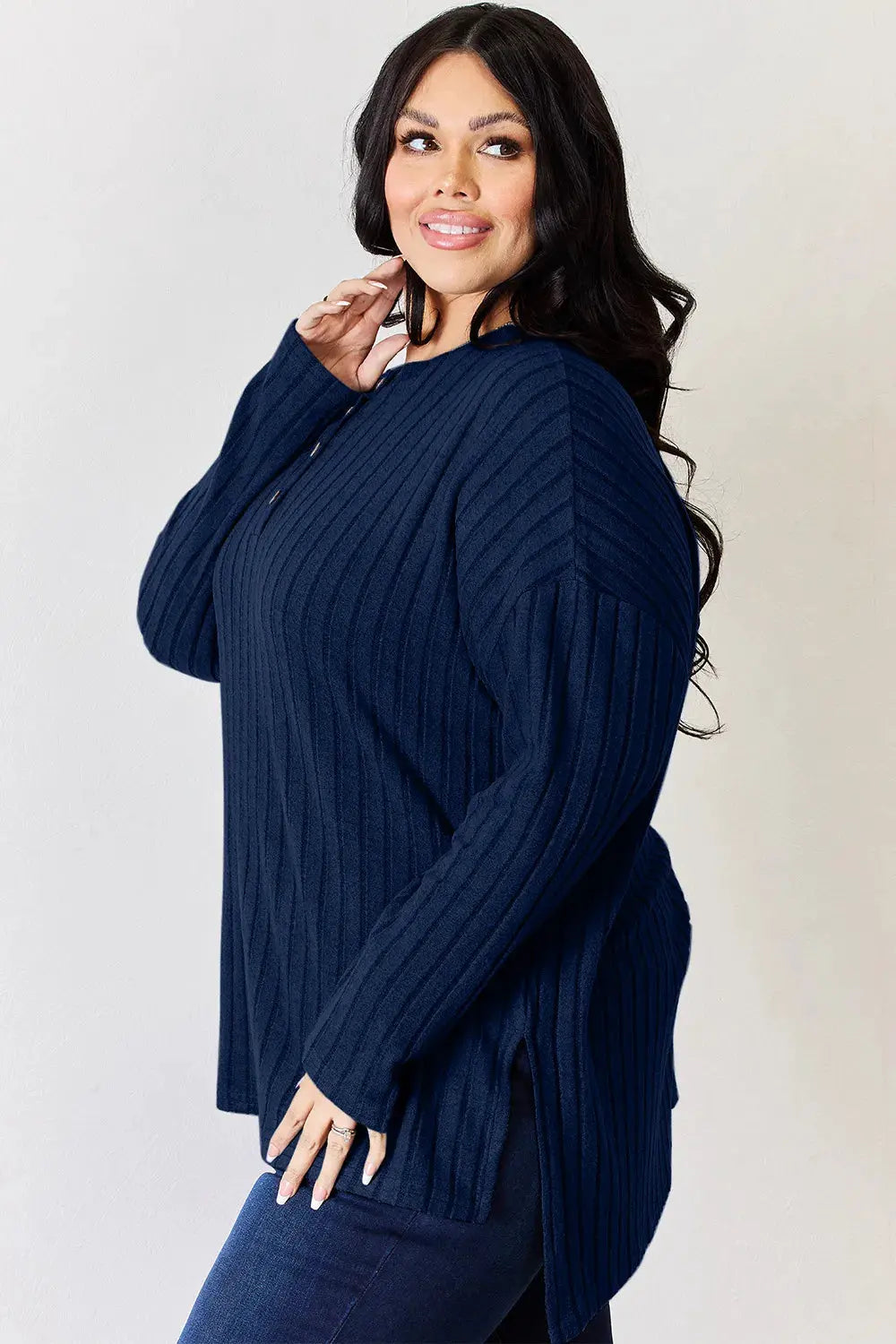 Basic Bae Full Size Ribbed Half Button Long Sleeve High-Low T-Shirt by Basic Bae