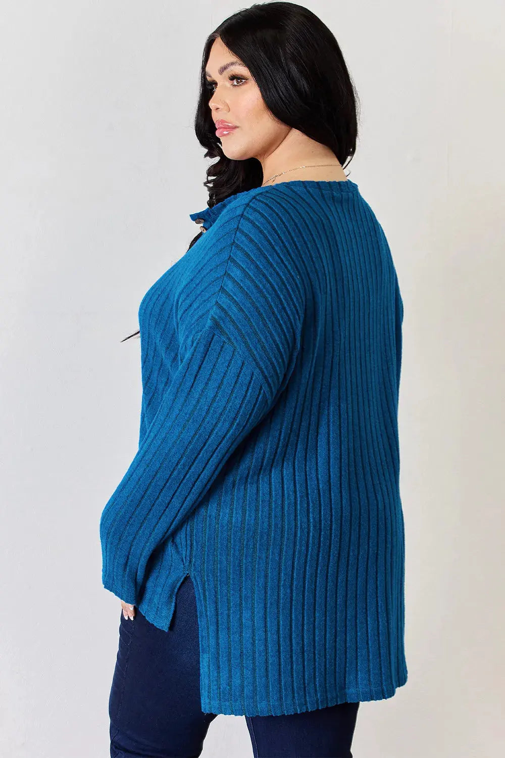 Basic Bae Full Size Ribbed Half Button Long Sleeve High-Low T-Shirt by Basic Bae