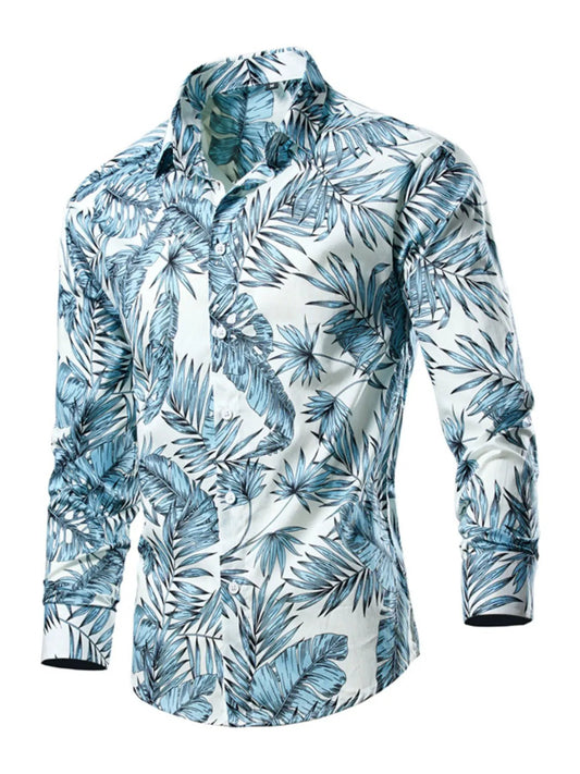Men's Plus Size Tropical Leaf Print Button-Down Shirt by Trendsi