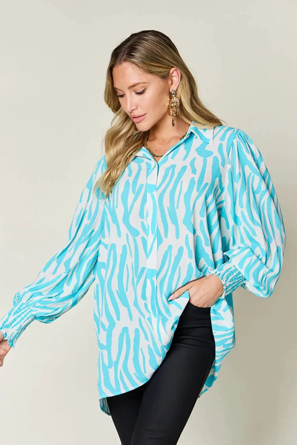Double Take Full Size Printed Smocked Long Sleeve Blouse Plus Size by Double Take