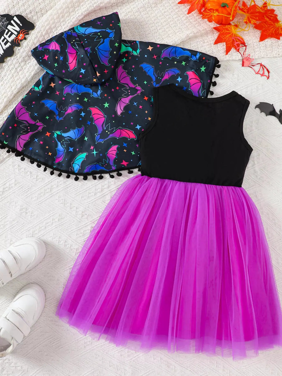 Children's Halloween Bat Print Hooded Cape and Tulle Dress Set by Trendsi