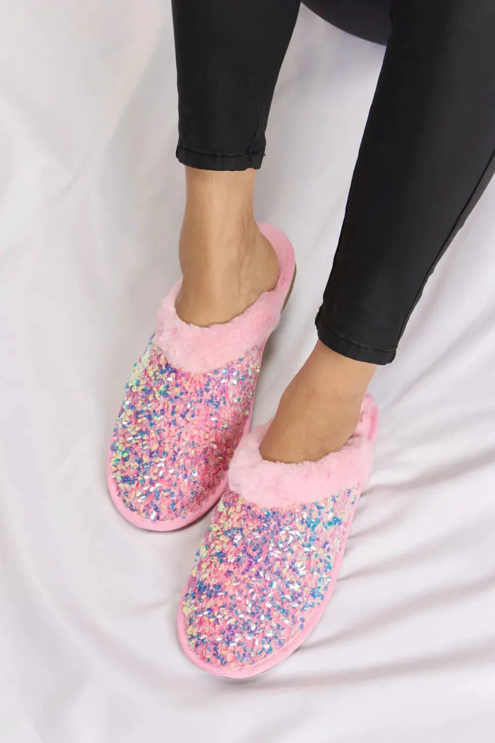 Forever Link Sequin Plush Round Toe Slippers by Forever Link