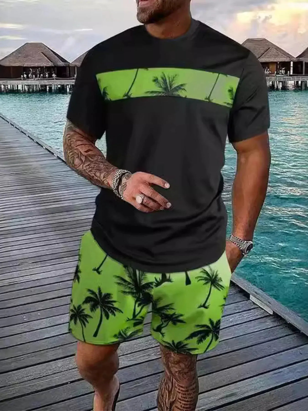 Men's Full Size Tropical Palm Tree Tee and Shorts Set Plus Size by Partner Label