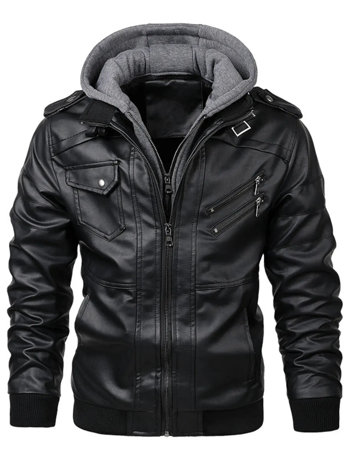 Men's Full Size Hooded Faux Leather Motorcycle Jacket Plus Size by Trendsi