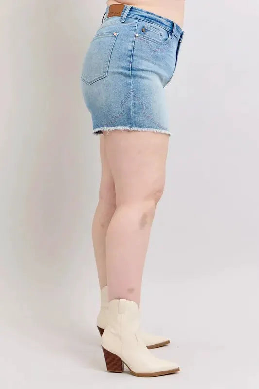 Judy Blue Full Size High Waist Western Embroidery Detail Cut Off Denim Shorts Plus Size by Judy Blue