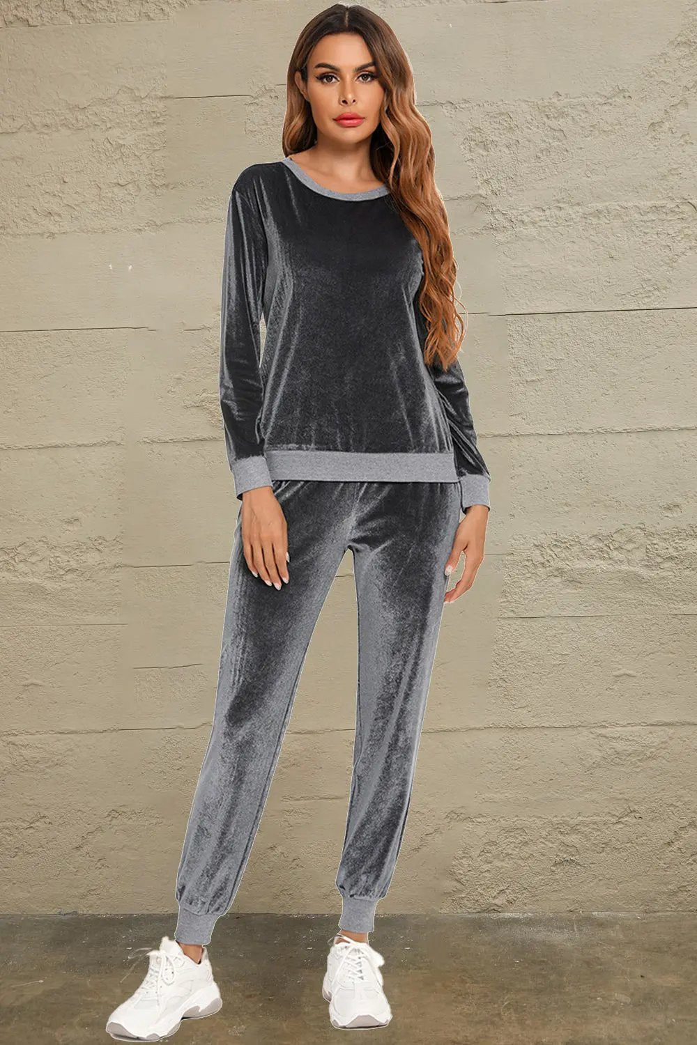Round Neck Long Sleeve Loungewear Set with Pockets by Partner Label