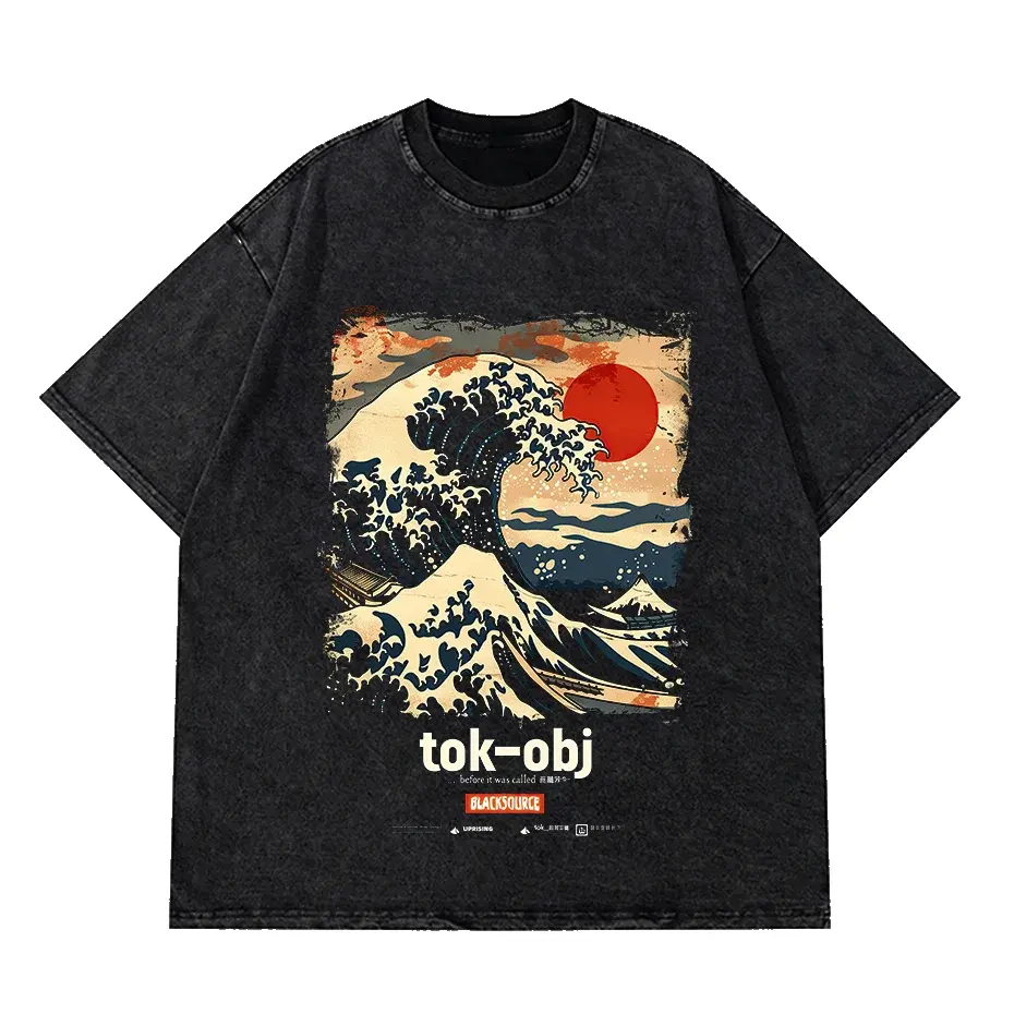 Tokyo Shibuya Wave Graphic T Shirt Men Black Cotton Summer Tee by Vimost Shop