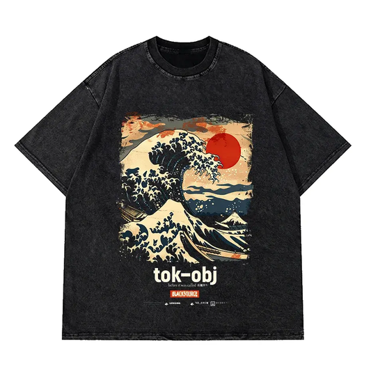 Tokyo Shibuya Wave Graphic T Shirt Men Black Cotton Summer Tee by Vimost Shop