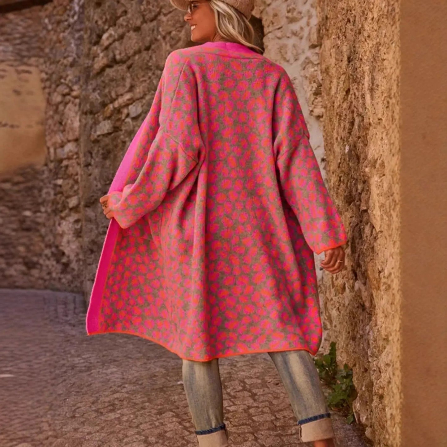 Contrast Color Leopard Print Long Knitwear Fashion Retro Pocket Sweater Women's Coat by Maiden-Art