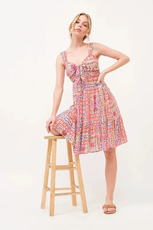 And The Why Tied Front Smocked Back Tiered Boho Printed Dress by And The Why