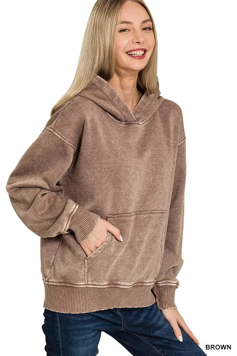 Zenana Fleece Acid Wash Kangaroo Pocket Hoodie by Zenana