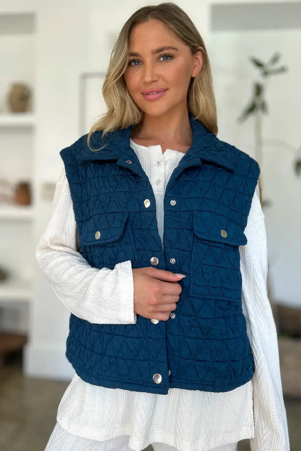 Double Take Full Size Pocketed Texture Snap Down Vest Coat by Double Take