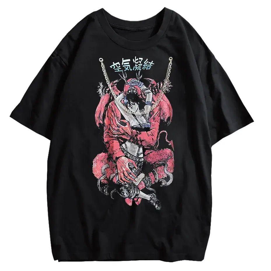 Retro Washed Oversized T-Shirt – Japanese Kanji Anime Graphic Cotton Tee by Vimost Shop