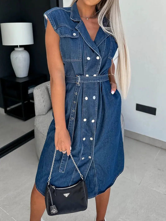 Collared Neck Cap Sleeve Denim Dress by Partner Label