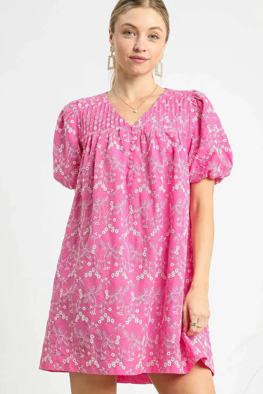 Umgee Floral Puff Sleeve V-Neck Mini Dress by Umgee USA