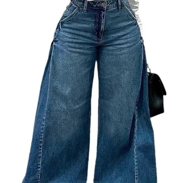 Loose Wide Leg Jeans Stitching Bell-bottom Pants Tassel Trousers by Maiden-Art