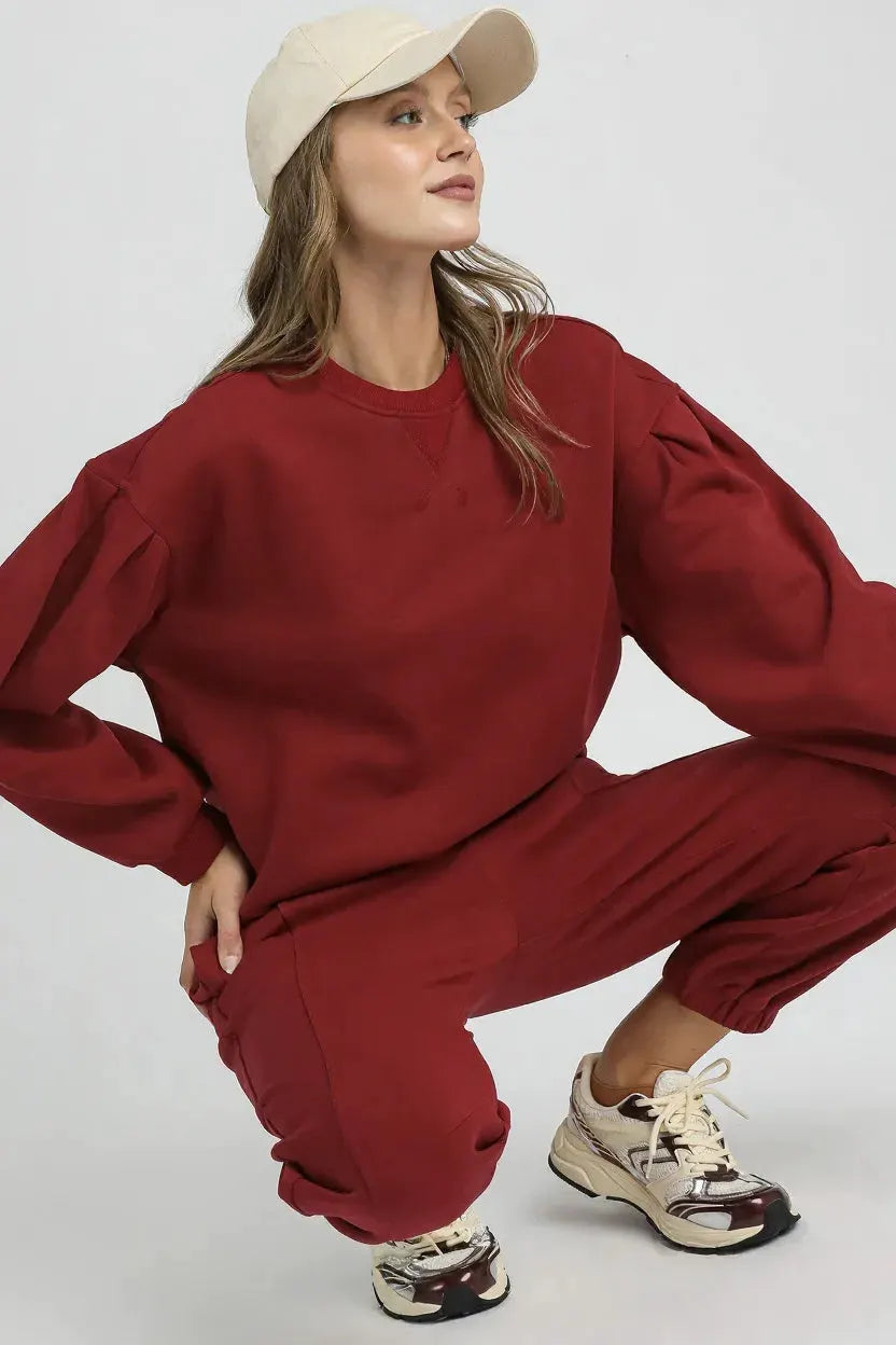 Umgee Round Neck Sweatshirt with Pleated Detail by Umgee