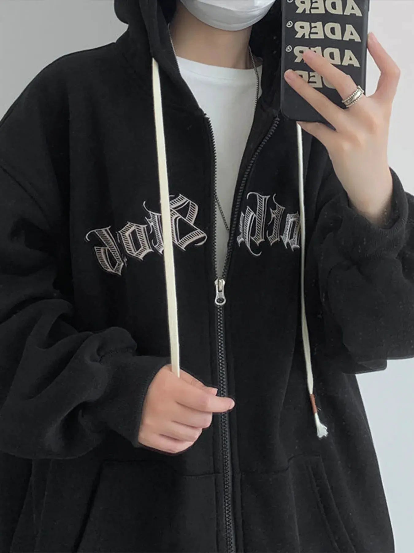 Men's Plus Size Letter Zip Up Drawstring Hoodie by Trendsi