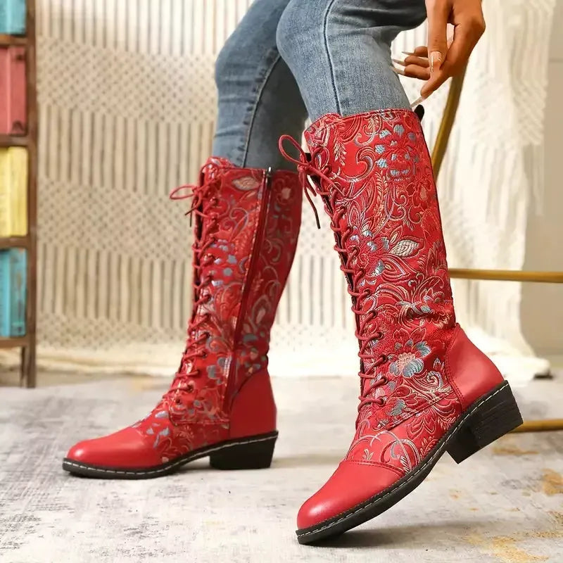 Embroidered Lace-Up Knee High Boots by Partner Label