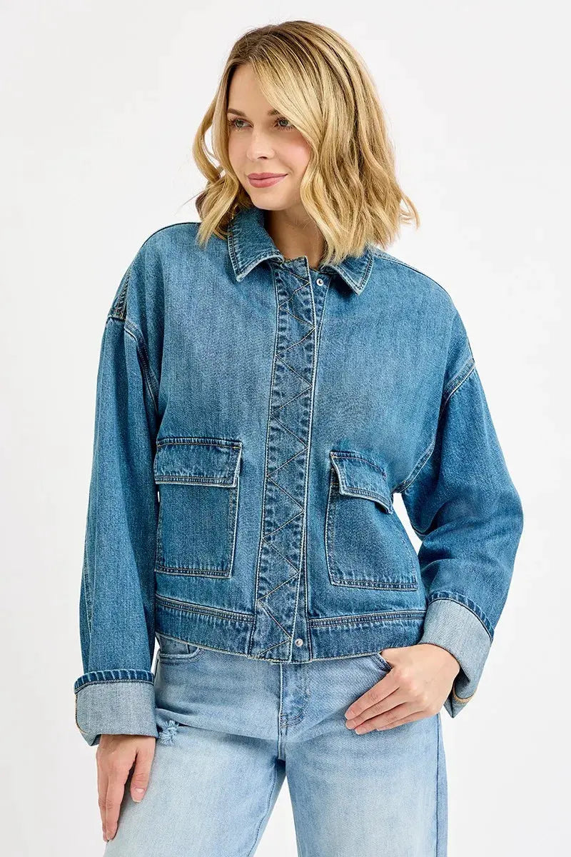 RISEN Oversized Cargo Pocket Denim Jacket with Cuffed Sleeves by RISEN