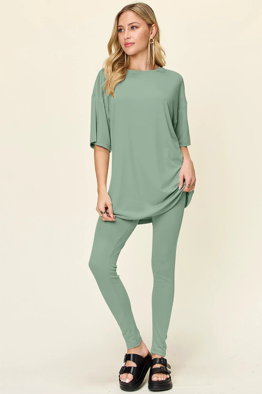 Double Take Full Size Round Neck Dropped Shoulder T-Shirt and Leggings Set by Double Take