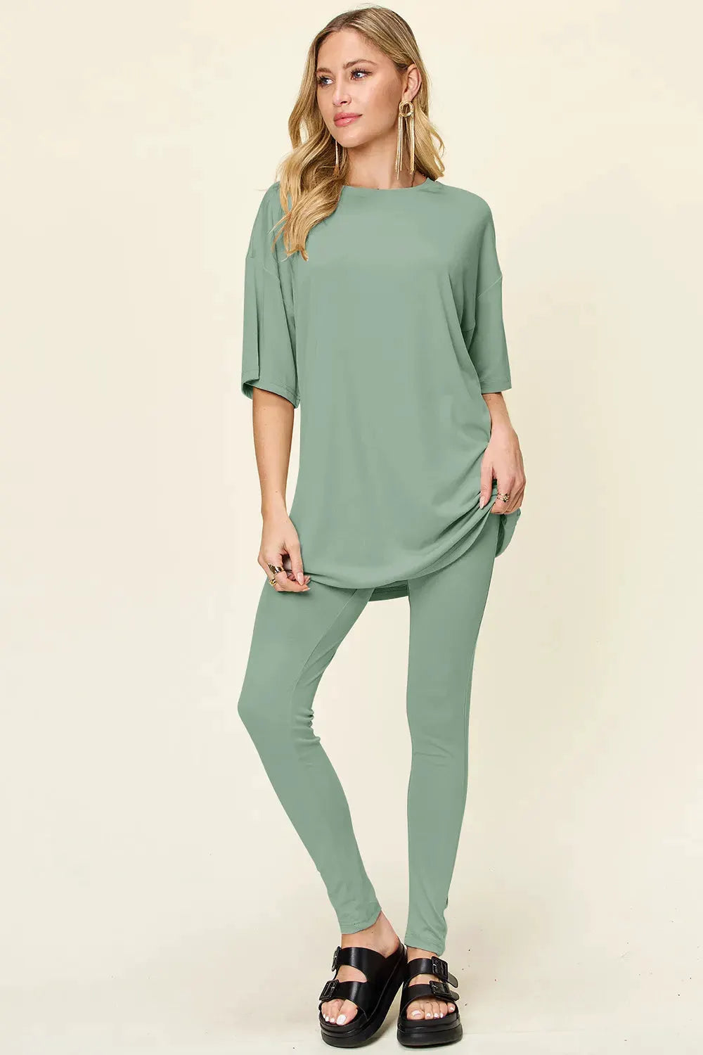 Double Take Full Size Round Neck Dropped Shoulder T-Shirt and Leggings Set by Double Take
