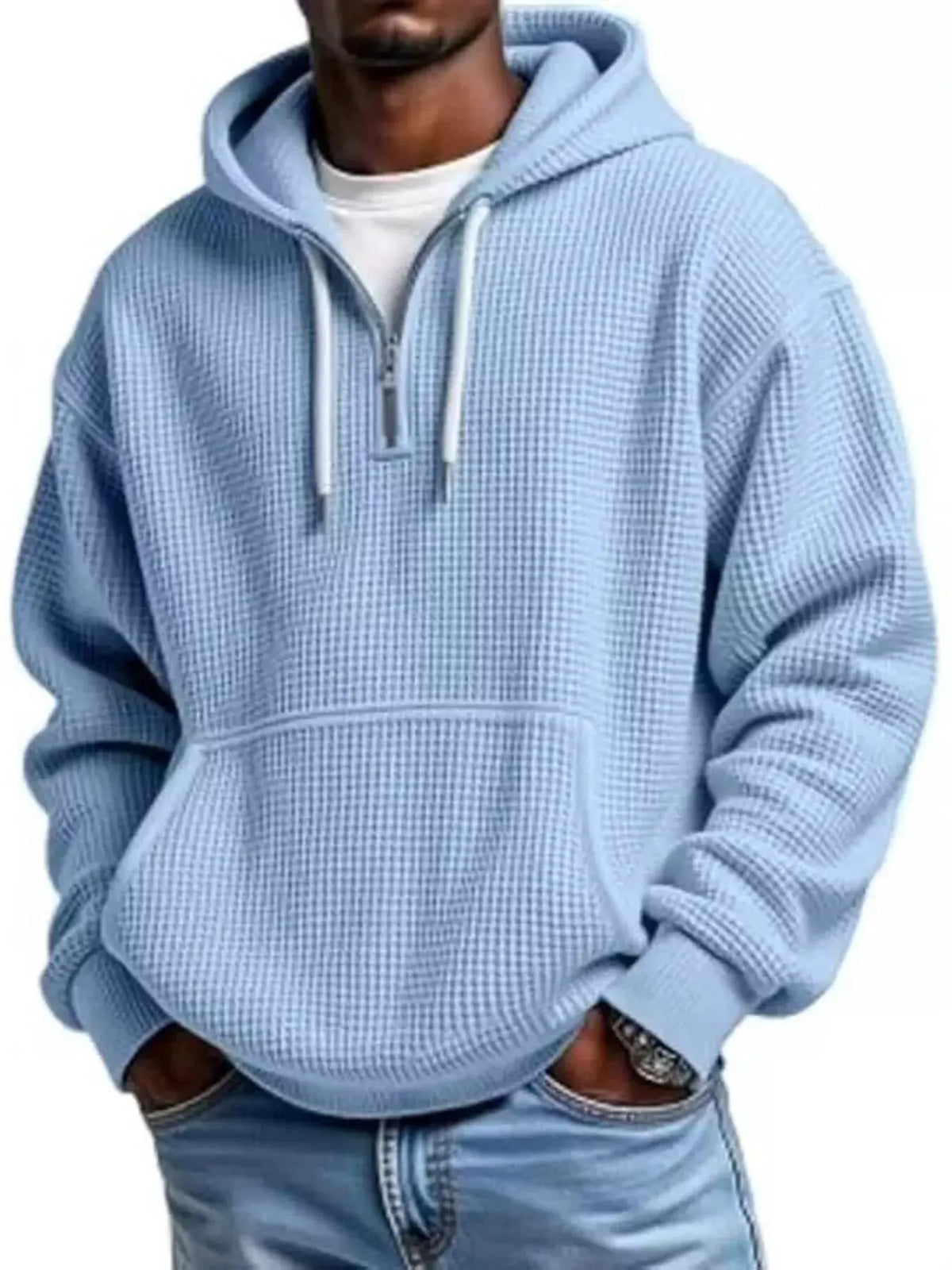 Men's Full Size Textured Waffle Knit Half-Zip Hoodie Plus Size by Trendsi