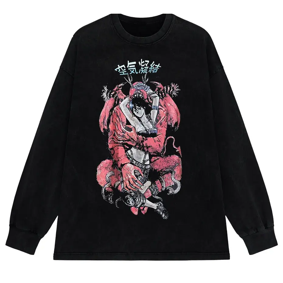 Retro Washed Oversized T-Shirt – Japanese Kanji Anime Graphic Cotton Tee by Vimost Shop