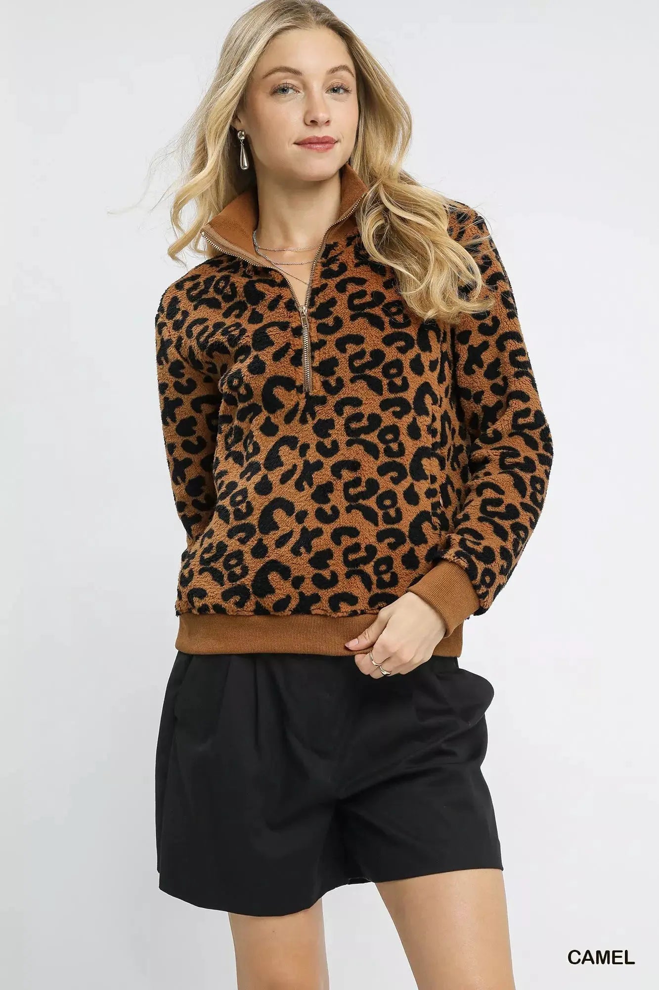 Umgee Leopard Print Quarter-Zip Sweatshirt by Umgee