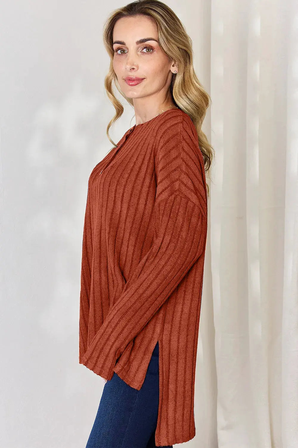 Basic Bae Full Size Ribbed Half Button Long Sleeve High-Low T-Shirt by Basic Bae