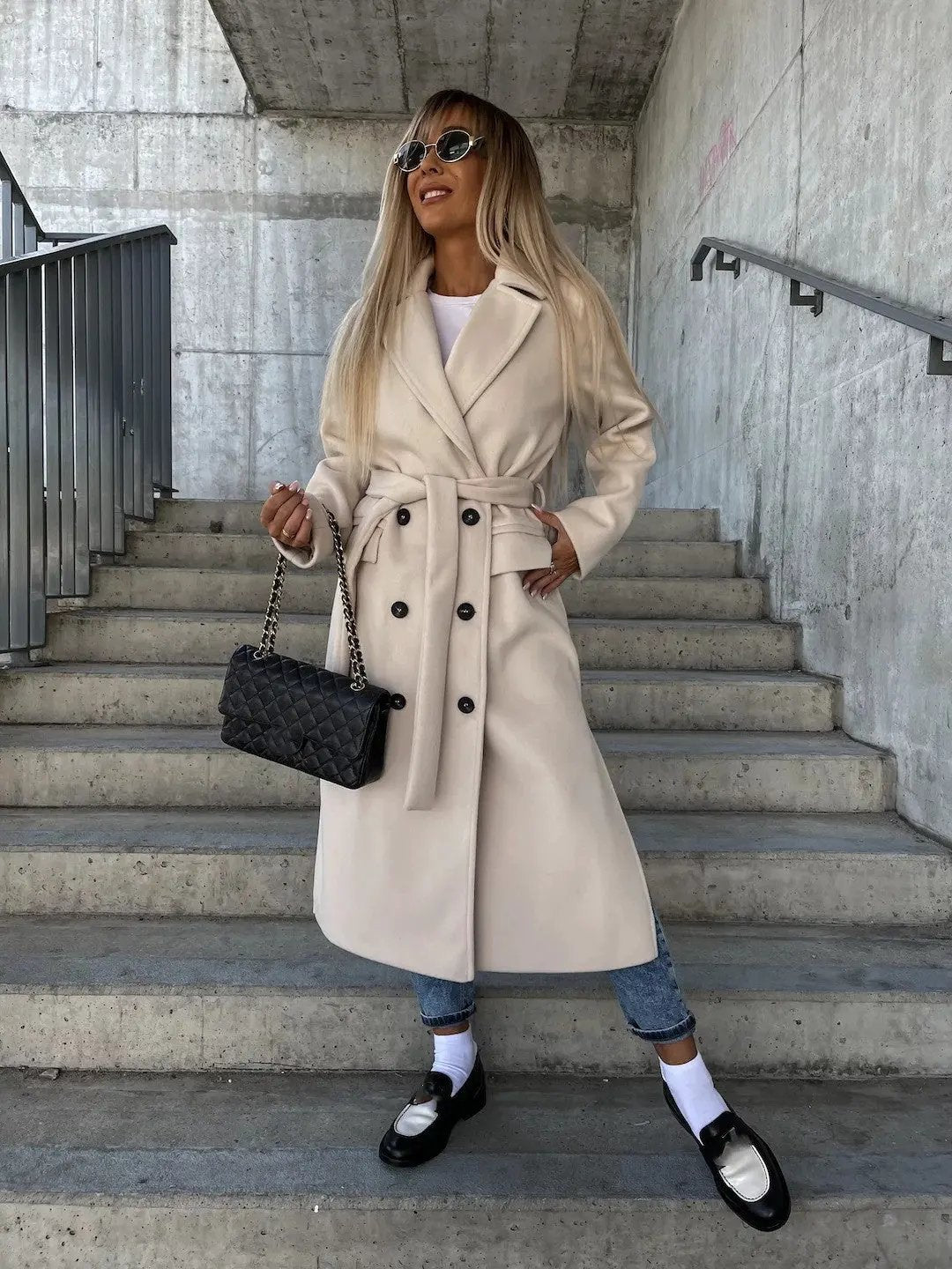 Double-breasted Lapel Split Jacket With Belt Winter Fashion Casual Long Sleeve Button Daily Coats For Women Clothing by Maiden-Art