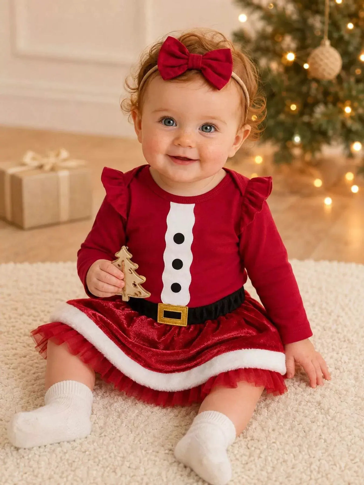 Children's Christmas Long Sleeve Bodysuit and Skirt Set with Bow Headband by Trendsi