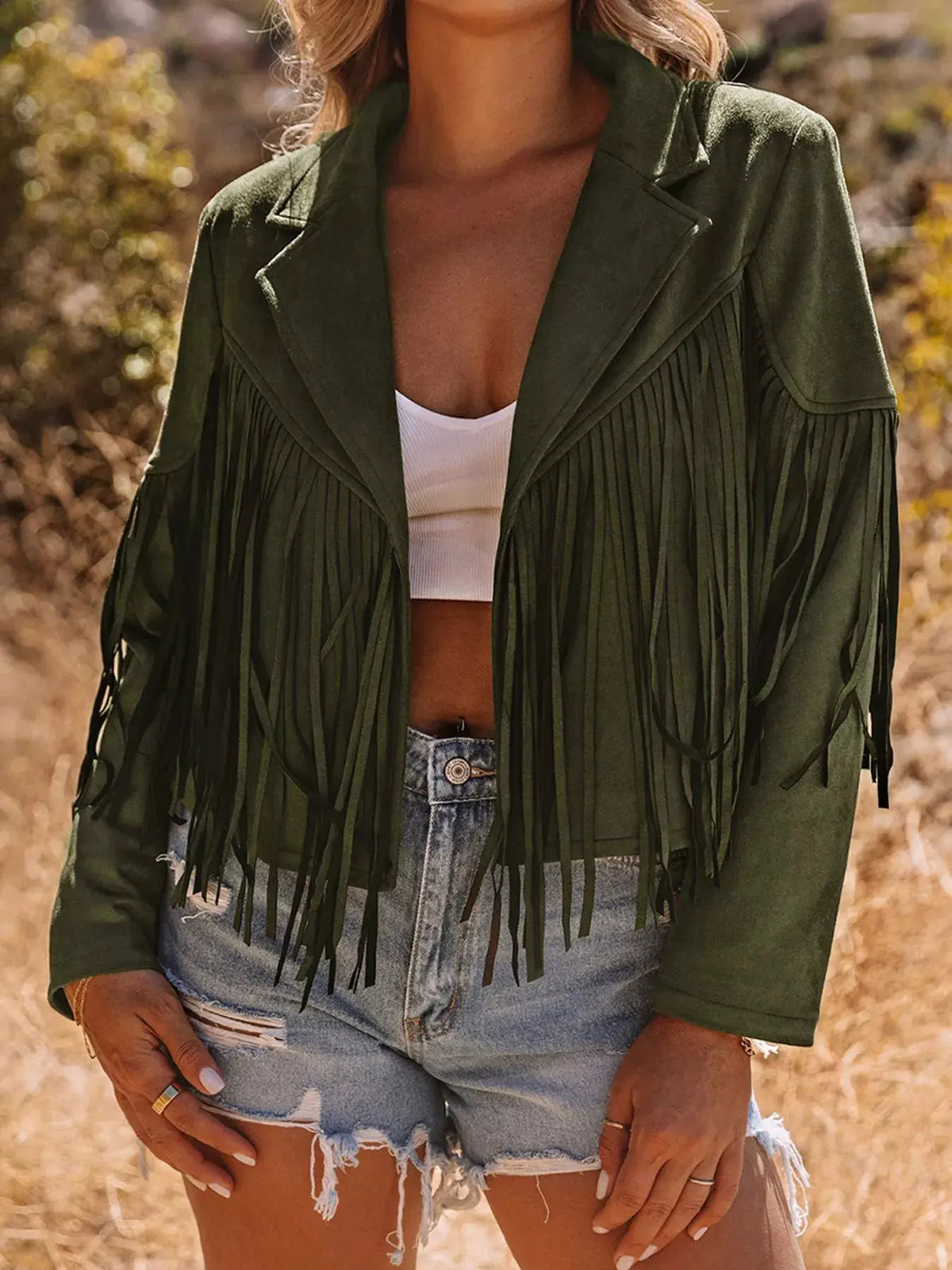 Cropped Fringe Faux Suede Jacket by Partner Label
