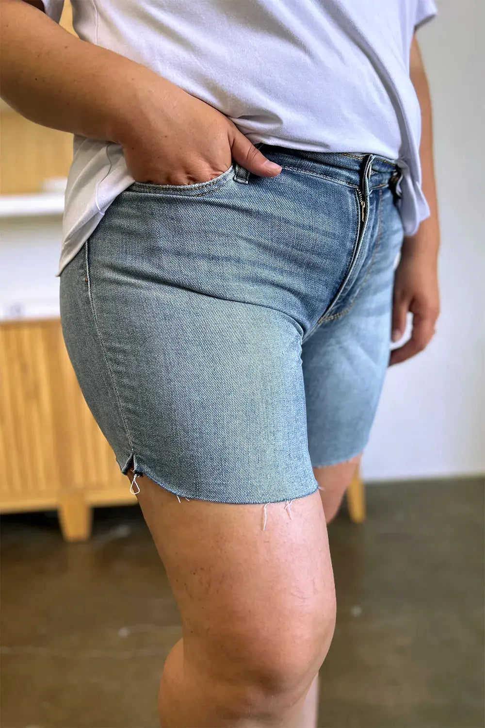 Judy Blue Full Size High Waist Raw Hem Denim Shorts by Judy Blue