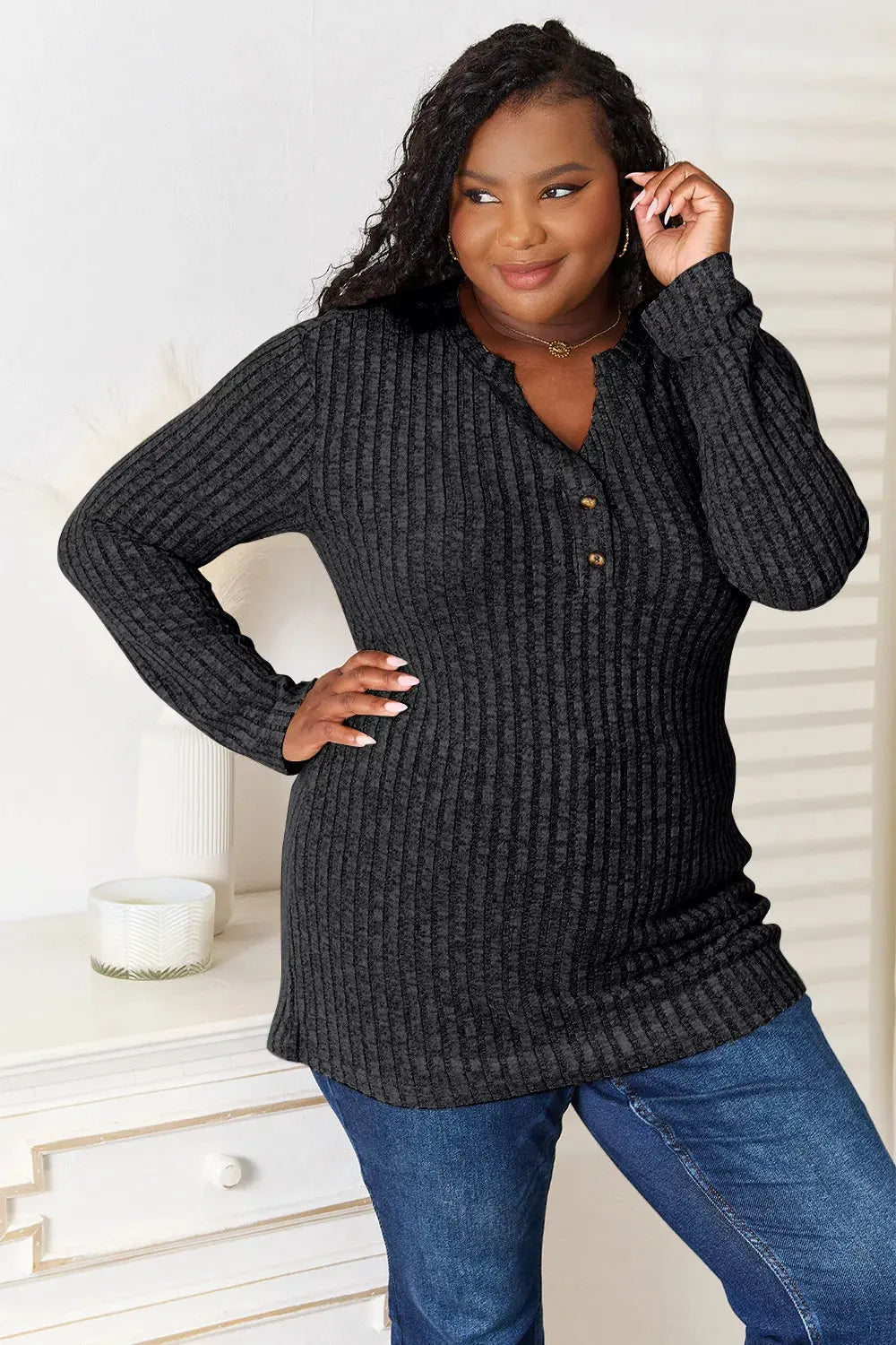 Double Take Notched Neck Ribbed Long Sleeve T-Shirt by Double Take