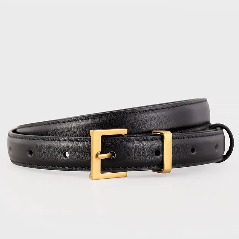 Leather Skinny Belt with Golden Buckle by Trendsi