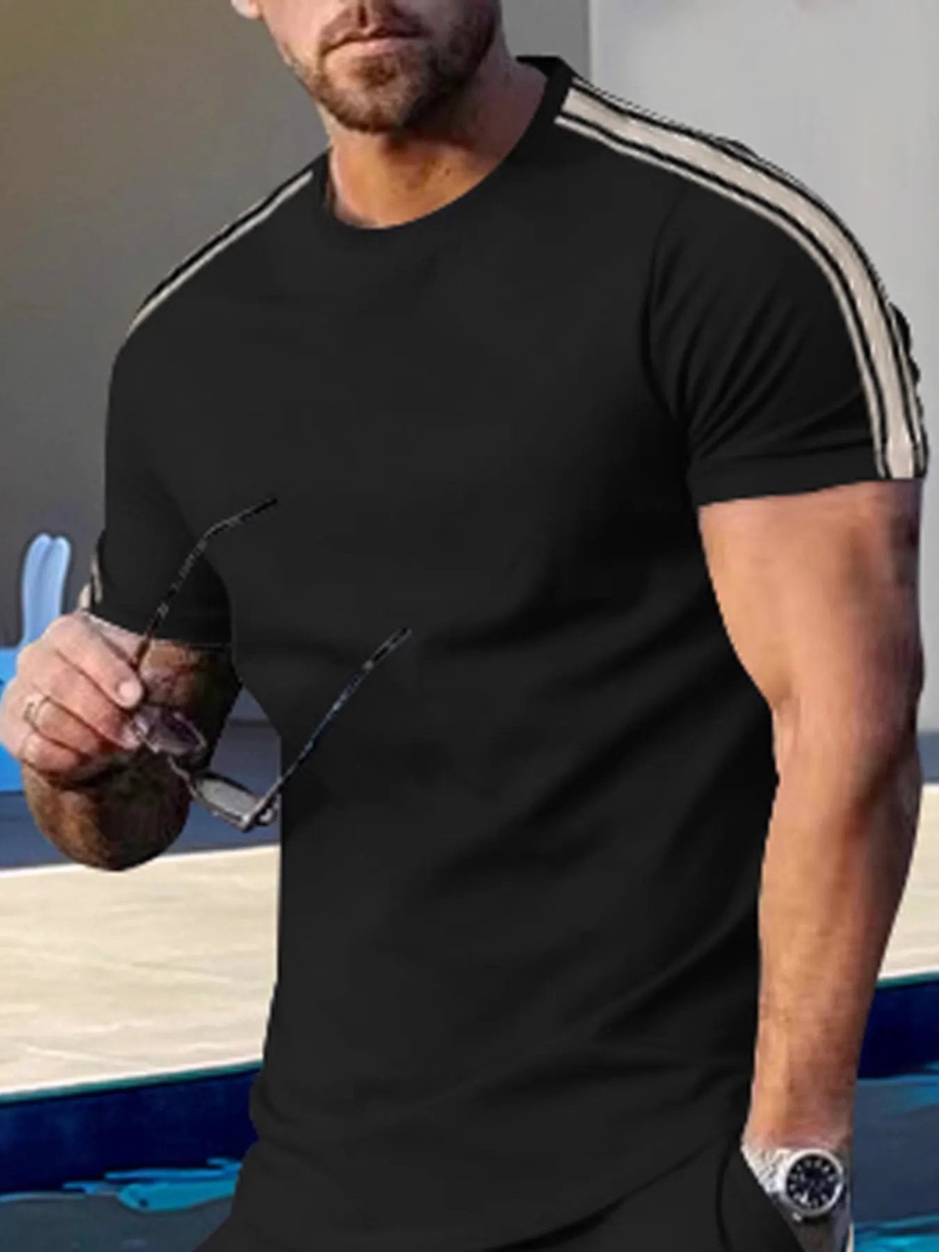 Men's Full Size Striped Shoulder Casual T-Shirt Plus Size by Trendsi